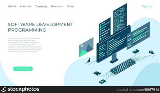 Programming web banner. Modern flat design isometric concept of technology for banner and website. Isometric landing page template. Vector illustration