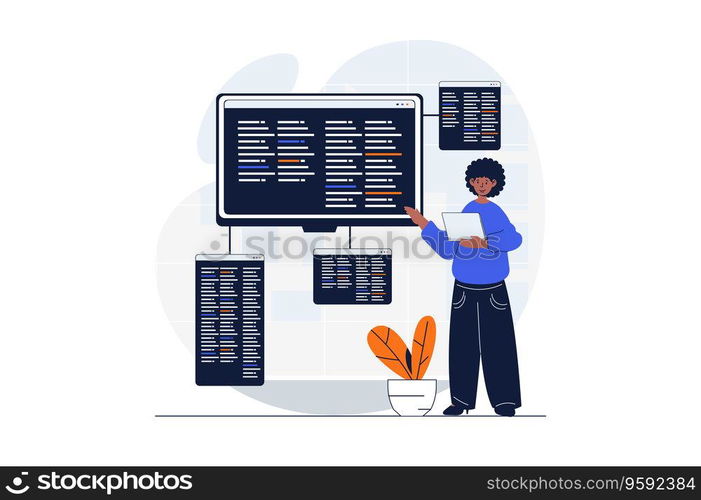 Programming web concept with character scene. Man developer coding and making program at different screens. People situation in flat design. Vector illustration for social media marketing material.
