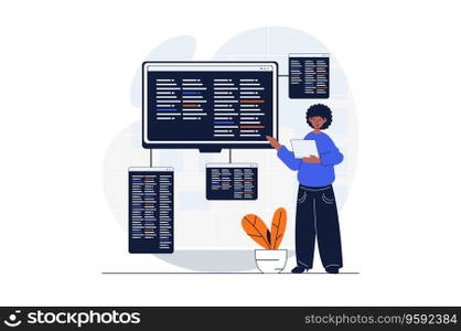 Programming web concept with character scene. Man developer coding and making program at different screens. People situation in flat design. Vector illustration for social media marketing material.