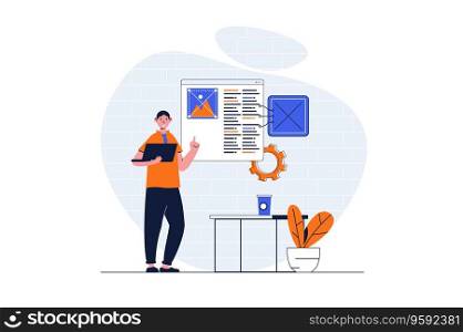 Programming web concept with character scene. Man making program and creating webpage layout at platform. People situation in flat design. Vector illustration for social media marketing material.