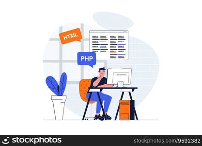 Programming web concept with character scene. Man working with php and html languages and making program. People situation in flat design. Vector illustration for social media marketing material.