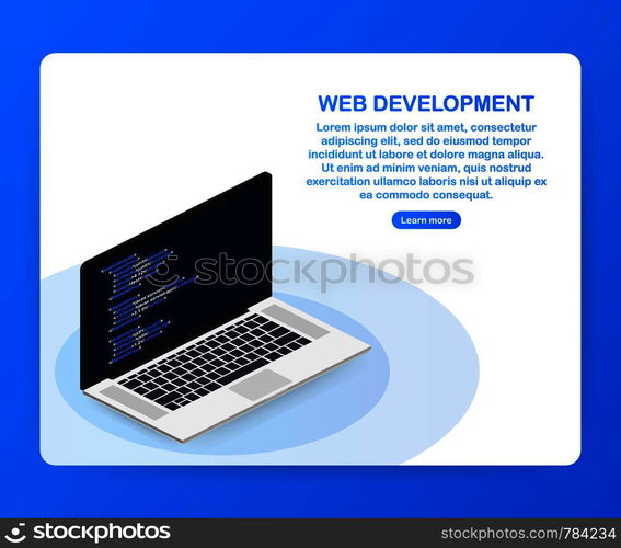 Programming, web development concept. Code on the screen laptop. Vector stock illustration.