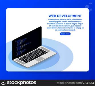 Programming, web development concept. Code on the screen laptop. Vector stock illustration.