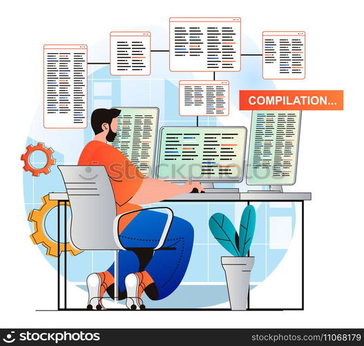 Programming working concept in modern flat design. Developer does compilation of program. Man creates software, working at computer. Development, optimization and testing apps. Vector illustration