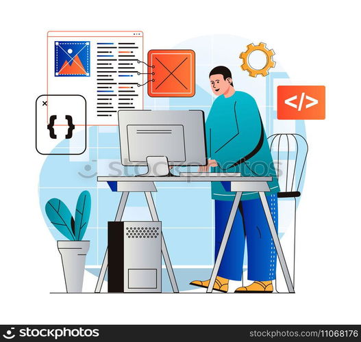 Programming working concept in modern flat design. Developer programs in different languages, creates software, working at computer in office. Development optimization and testing. Vector illustration