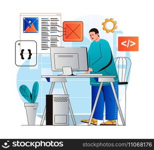 Programming working concept in modern flat design. Developer programs in different languages, creates software, working at computer in office. Development optimization and testing. Vector illustration