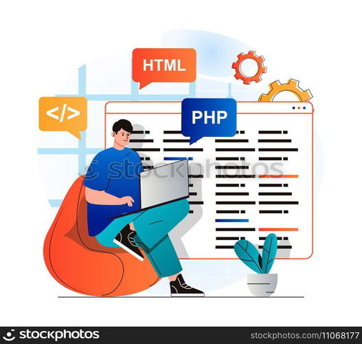 Programming working concept in modern flat design. Developer programs in html and php languages, creates software, working at laptop. Development, optimization and testing apps. Vector illustration