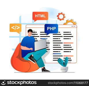 Programming working concept in modern flat design. Developer programs in html and php languages, creates software, working at laptop. Development, optimization and testing apps. Vector illustration