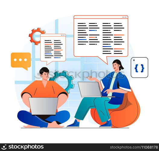 Programming working concept in modern flat design. Developer team creates software, brainstorming and working together at office. Development, optimization and testing apps. Vector illustration