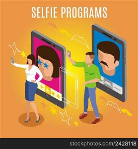 Programs and filters for selfie photo, isometric orange background with gadgets, persons making self portrait vector illustration. Selfie Programs Isometric Background