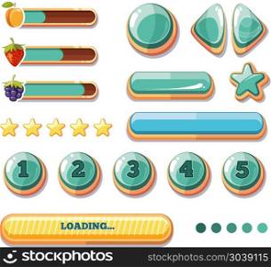 Progress bars, buttons, boosters, icons for computer games user interface. Vector collection. Progress bars, buttons, boosters, icons for computer games user interface. Cartoon gui for play. Vector illustration collection