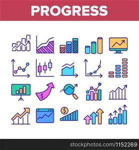 Progress Grow Graphs Collection Icons Set Vector Thin Line. Progress Arrow On Screen Web Site, Magnifier And Dollar Coin Concept Linear Pictograms. Color Illustrations. Progress Grow Graphs Collection Icons Set Vector