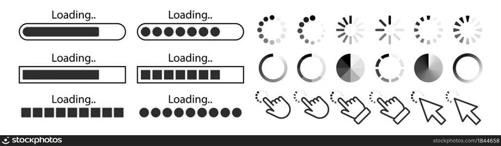 Progress loading bar. Set of load buttons icons. Download or upload status. System software update and upgrade concept. Vector illustration.. Progress loading bar. Set of load buttons icons. Download or upload status.