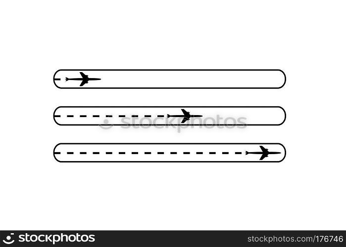 Progress loading bar with airplane is in a dotted line. The waypoint is for a tourist trip. The flying apartment is black and his track on a white background. Vector illustration. Tourism. Travel.. Progress loading bar with airplane is in a dotted line. The flying apartment is black. The waypoint is for a tourist trip. Track on a white background. Vector illustration. Tourism. Travel.