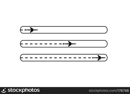 Progress loading bar with airplane is in a dotted line. The waypoint is for a tourist trip. The flying apartment is black and his track on a white background. Vector illustration. Tourism. Travel.. Progress loading bar with airplane is in a dotted line. The flying apartment is black. The waypoint is for a tourist trip. Track on a white background. Vector illustration. Tourism. Travel.