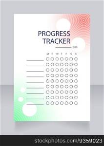 Progress tracker worksheet design template. Printable goal setting sheet. Editable time management sample. Scheduling page for organizing personal tasks. Lato Regular, Light fonts used. Progress tracker worksheet design template