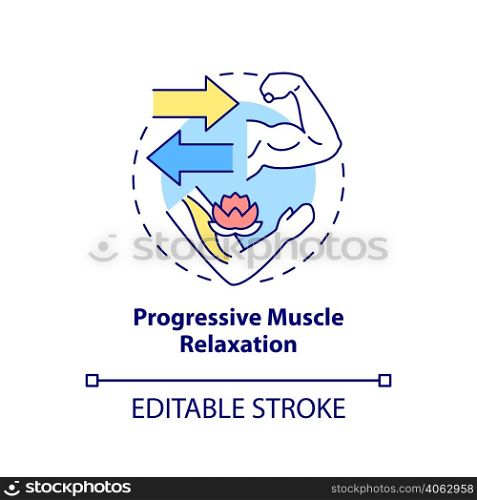 Progressive muscle relaxation concept icon. Body therapy. PTSD coping strategy abstract idea thin line illustration. Isolated outline drawing. Editable stroke. Arial, Myriad Pro-Bold fonts used. Progressive muscle relaxation concept icon