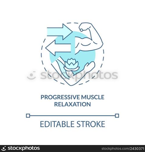 Progressive muscle relaxation turquoise concept icon. PTSD coping strategy abstract idea thin line illustration. Isolated outline drawing. Editable stroke. Arial, Myriad Pro-Bold fonts used. Progressive muscle relaxation turquoise concept icon