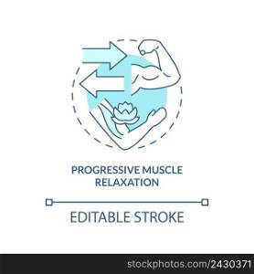 Progressive muscle relaxation turquoise concept icon. PTSD coping strategy abstract idea thin line illustration. Isolated outline drawing. Editable stroke. Arial, Myriad Pro-Bold fonts used. Progressive muscle relaxation turquoise concept icon