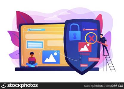 Prohibited, illegal sites, resources. Copyright protection from scamming. Media content control, media use regulations, online media police concept. Bright vibrant violet vector isolated illustration. Media content control concept vector illustration
