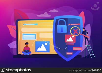 Prohibited, illegal sites, resources. Copyright protection from scamming. Media content control, media use regulations, online media police concept. Bright vibrant violet vector isolated illustration. Media content control concept vector illustration