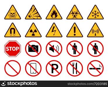 Prohibition and warning signs. Public safety, caution. Attention, forbidden smoke, fire and electricity, food, phone and parking vector set of pictograms. Prohibition and warning signs. Public safety, caution. Attention, forbidden smoke, fire and electricity, food, phone and parking vector set