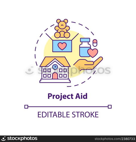 Project aid concept icon. Type of overseas aid abstract idea thin line illustration. Providing building materials. Isolated outline drawing. Editable stroke. Arial, Myriad Pro-Bold fonts used. Project aid concept icon