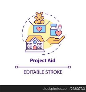 Project aid concept icon. Type of overseas aid abstract idea thin line illustration. Providing building materials. Isolated outline drawing. Editable stroke. Arial, Myriad Pro-Bold fonts used. Project aid concept icon