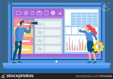 Project analysis vector, laptop screen with data and information. Businessman and woman exploring results, lady with cogwheel. Computer monitor flat style. Laptop Screen with Charts and Stats of Projects