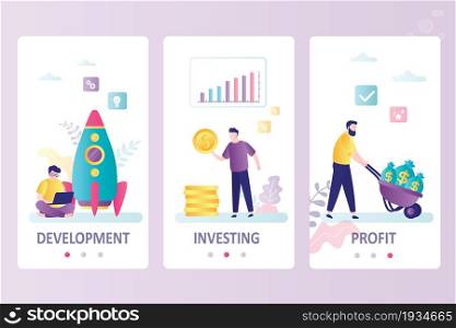 Project development, investment and profit making. Businessman invest in new idea. Onboarding template for smartphone and tablet screens. Landing page or website. Trendy flat vector illustration. Project development, investment and profit making. Businessman invest in new idea.