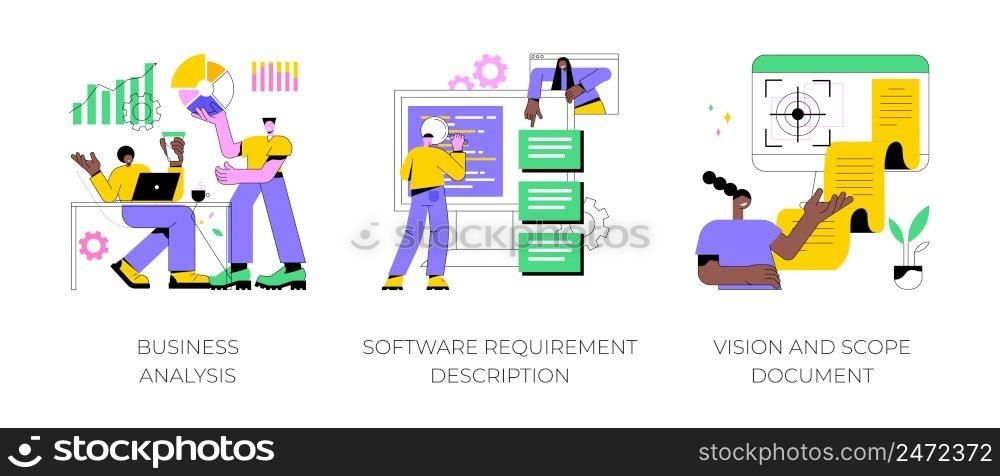 Project development specifications abstract concept vector illustration set. Business analysis, software requirement description, vision and scope document, SWOT analysis, user case abstract metaphor.. Project development specifications abstract concept vector illustrations.