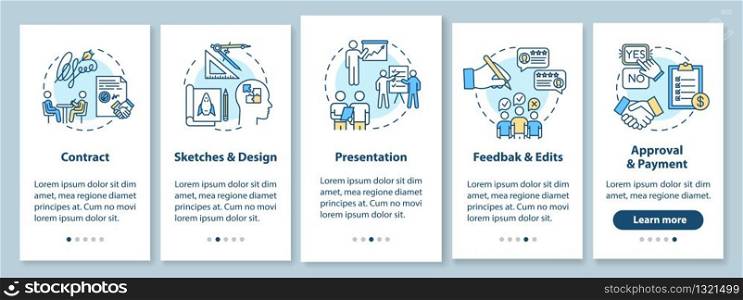 Project development stages onboarding mobile app page screen with concepts. Work process steps walkthrough 5 steps graphic instructions. UI vector template with RGB color illustrations