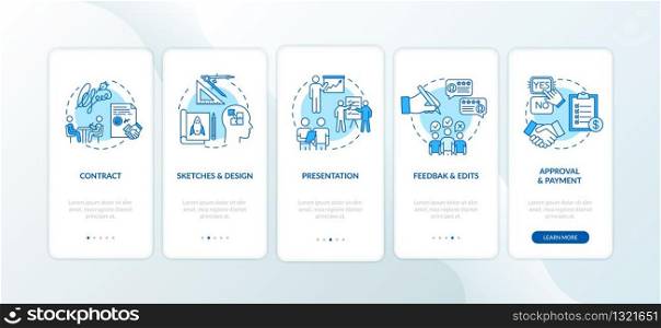 Project development stages onboarding mobile app page screen with concepts set. Specialist services walkthrough 5 steps graphic instructions. UI vector template with RGB color illustrations
