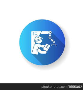 Project engineer blue flat design long shadow glyph icon. Professional worker for heavy production. Management in facility. Development of machinery. Builder job. Silhouette RGB color illustration. Project engineer blue flat design long shadow glyph icon