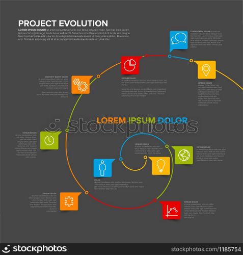 Project evolution timeline template with spiral model and icons - dark version