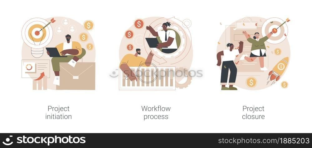 Project implementation abstract concept vector illustration set. Project initiation and closure, workflow process, business analysis, vision and scope, management software, deadline abstract metaphor.. Project implementation abstract concept vector illustrations.