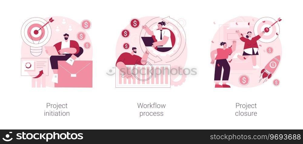 Project implementation abstract concept vector illustration set. Project initiation and closure, workflow process, business analysis, vision and scope, management software, deadline abstract metaphor.. Project implementation abstract concept vector illustrations.