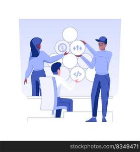 Project implementation isolated concept vector illustration. Group of colleagues working on the development of a new project, IT company, management process, teamwork model vector concept.. Project implementation isolated concept vector illustration.