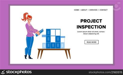Project inspection research. data analysis. review process. risk document character web flat cartoon illustration. Project inspection vector