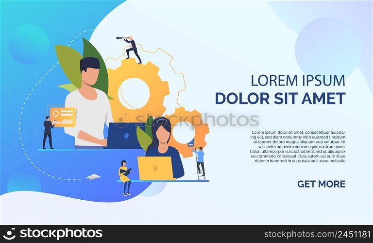 Project leaders flat icon. Working at laptop, team members, gear, process. Teamwork concept. Can be used for topics like leadership, remote workplace, business, startup. Project leaders flat icon