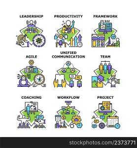 Project Leadership Set Icons Vector Illustrations. Product Leadership And Team Coaching, Productivity And Agile, Framework And Unified Communication. Businessman Occupation Color Illustrations. Project Leadership Set Icons Vector Illustrations