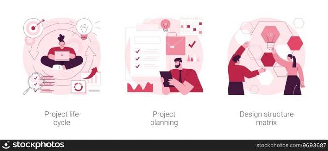 Project life cycle abstract concept vector illustration set. Project planning, design structure matrix, task assignment, business case, business analysis, visual representation abstract metaphor.. Project life cycle abstract concept vector illustrations.