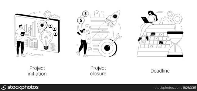 Project lifecycle abstract concept vector illustration set. Project initiation and closure, deadline, documentation, business analysis, stakeholder approval, work time, due date abstract metaphor.. Project lifecycle abstract concept vector illustrations.