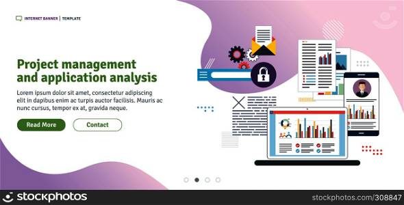 Project management and application analysis. Performance analysis, smartphone with data, application developments. Template in flat design for web banner or infographic in vector illustration.