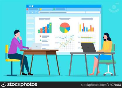 Project management and financial report strategy. Data analysis team. Office workers managers and presentation with graphs, charts. Group of people specialist analyst man and woman working with laptop. Data analysis teamwork, statistical analytics work with indicators, market research concept