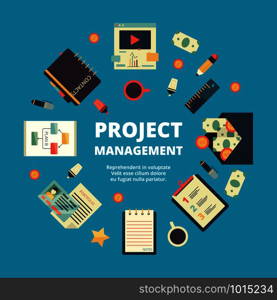 Project management background. Concept of office perfect team manage working processes annual strategy vector flat pictures. Work office project management, organization and business illustration. Project management background. Concept of office perfect team manage working processes annual strategy vector flat pictures