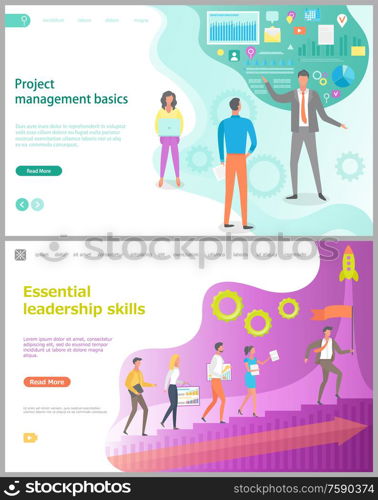 Project management basics, essential leadership skills, teamwork researching process, growing of company, presentation analysis, rising step. Website page template, landing web flat style vector. Leadership Skills, Project Management Web Vector