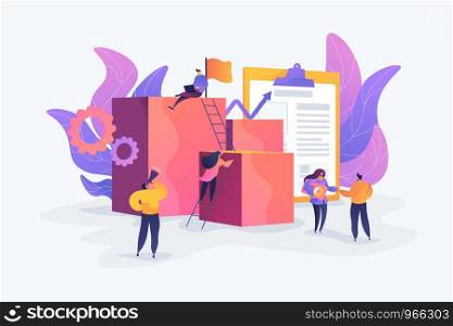 Project management, business analysis and planning, waterfall project management concept. Vector isolated concept illustration with tiny people and floral elements. Hero image for website.. Project management concept vector illustration.