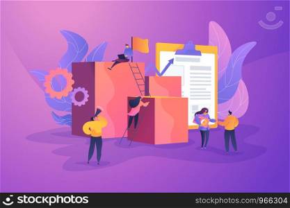 Project management, business analysis and planning, waterfall project management concept. Vector isolated concept illustration with tiny people and floral elements. Hero image for website.. Project management concept vector illustration.