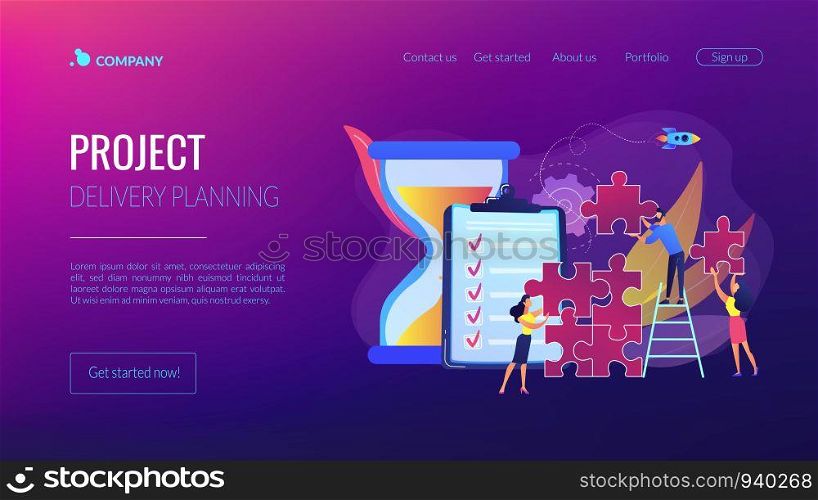 Project management. Business process and planning, workflow organization. Colleagues working together, teamwork. Project delivery concept. Website homepage landing web page template.. Project delivery concept landing page